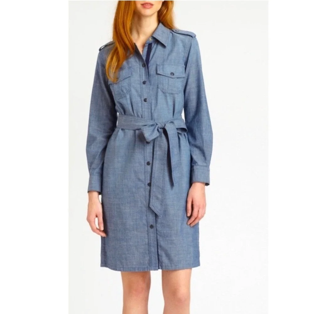 Tory Burch Chambray‎ Shirt Dress Size 2 Blue Belted Military Utility Long Sleeve
